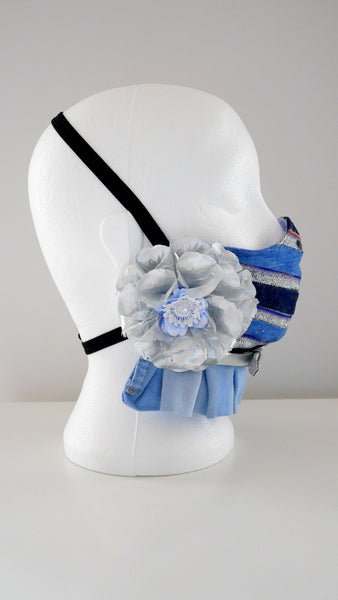 Reusable, Washable Denim and Vintage Aso-Oke Belted Rosette Face Mask