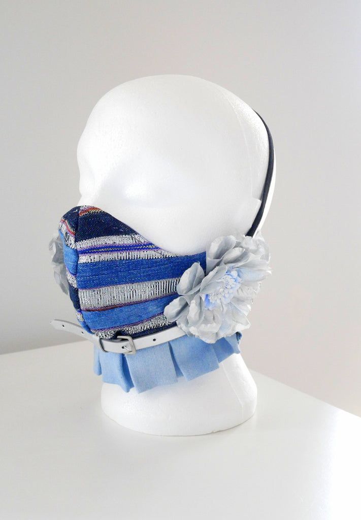 Reusable, Washable Denim and Vintage Aso-Oke Belted Rosette Face Mask