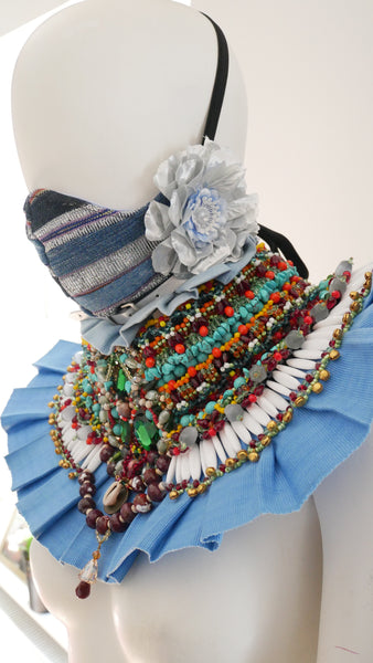 Reusable, Washable Denim and Vintage Aso-Oke Belted Rosette Face Mask
