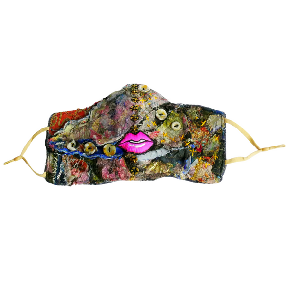 Don't Stare Remain Curious Reusable Washable Embroidered Patchwork Face Mask with Pink Lips
