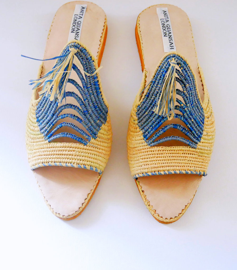 Dinka Hand Woven Raffia Tassel Mules