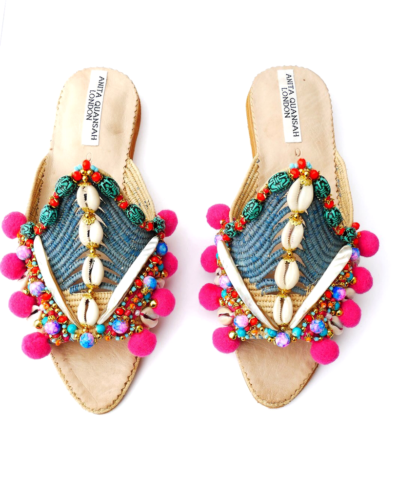 Dinka Multi-beaded-Embellished Shell and Pom-Pom Mules