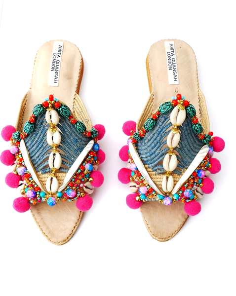 Dinka Multi-beaded-Embellished Shell and Pom-Pom Mules