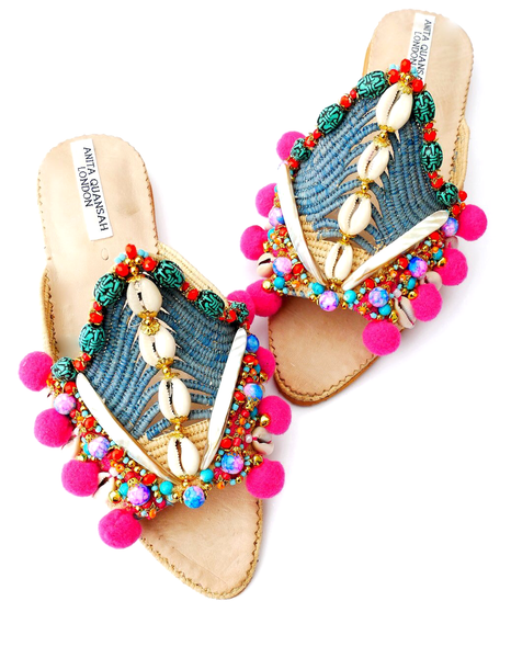 Dinka Multi-beaded-Embellished Shell and Pom-Pom Mules