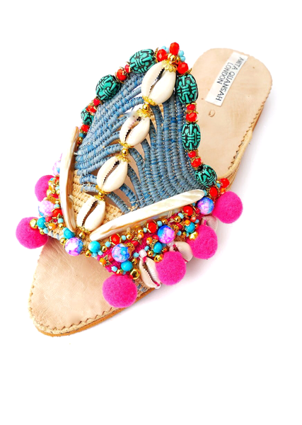 Dinka Multi-beaded-Embellished Shell and Pom-Pom Mules