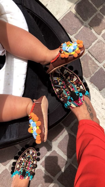 Amaka Beaded Pom-Pom Raffia And Leather Slippers By Anita Quansah London