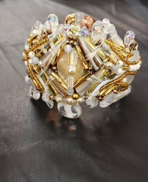 Ebube Mother of Pearl and Shell Beaded and Brass White and Gold Embellished Cuff Bracelet