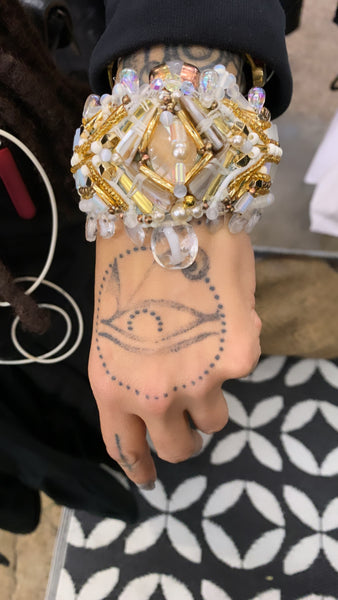 Ebube Mother of Pearl and Shell Beaded and Brass White and Gold Embellished Cuff Bracelet
