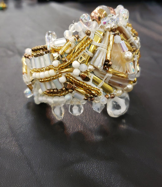 Ebube Mother of Pearl and Shell Beaded and Brass White and Gold Embellished Cuff Bracelet