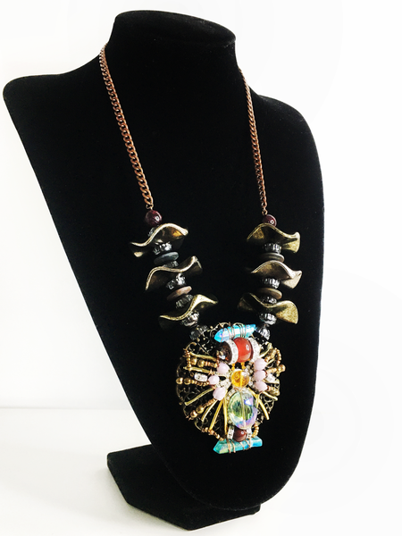 Elhum Long Multi-Beaded Necklace With Large Circular Embellished Pendant