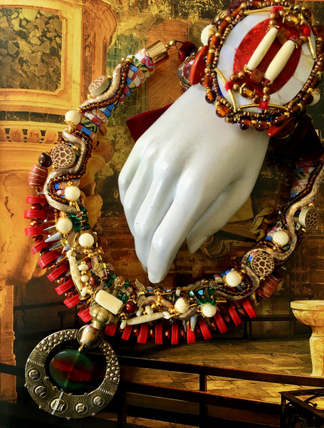 Elok Bead, Crystal, Agate and Bone Bead Embellished Rustic Brass Tuareg Pendant Necklace