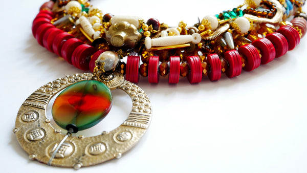 Elok Bead, Crystal, Agate and Bone Bead Embellished Rustic Brass Tuareg Pendant Necklace