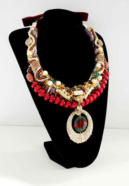 Elok Bead, Crystal, Agate and Bone Bead Embellished Rustic Brass Tuareg Pendant Necklace