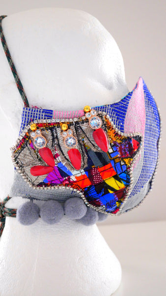 Embellished  Appliqued Africa Unite  Aso-Oke  Face Mask With Rhinestones And Pom-Poms