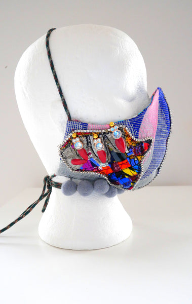 Embellished  Appliqued Africa Unite  Aso-Oke  Face Mask With Rhinestones And Pom-Poms