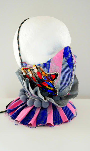 Embellished  Appliqued Africa Unite  Aso-Oke  Face Mask With Rhinestones And Pom-Poms
