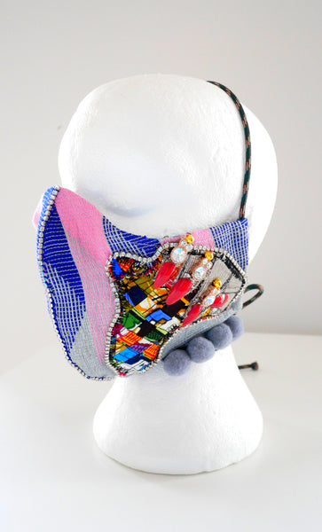 Embellished  Appliqued Africa Unite  Aso-Oke  Face Mask With Rhinestones And Pom-Poms