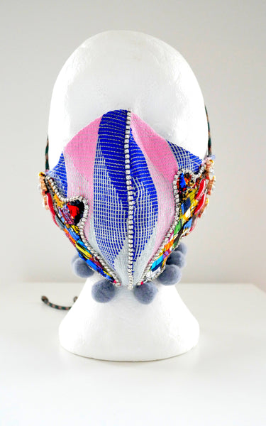 Embellished  Appliqued Africa Unite  Aso-Oke  Face Mask With Rhinestones And Pom-Poms