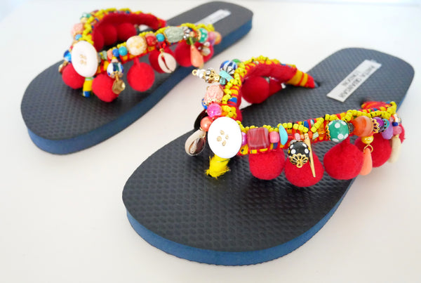 Mina Embellished Pom-Pom Platform Flip-Flops