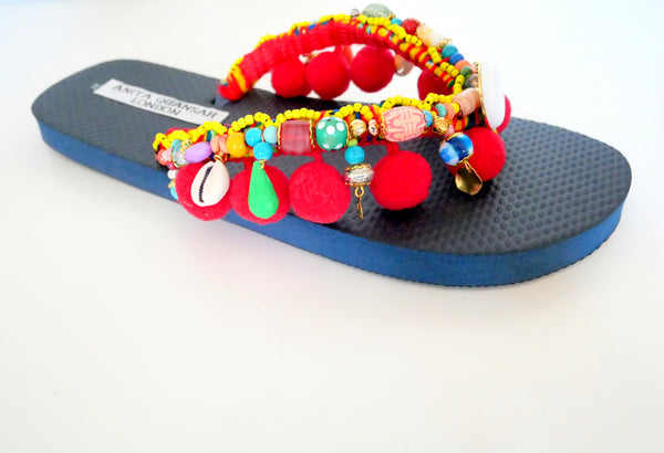 Mina Embellished Pom-Pom Platform Flip-Flops