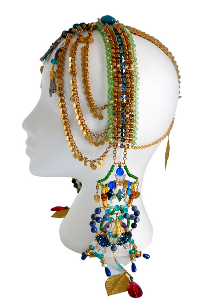 Emotan Multi-Beaded Swarovski Crystal and Gemstone Embellished Fringe Headpiece
