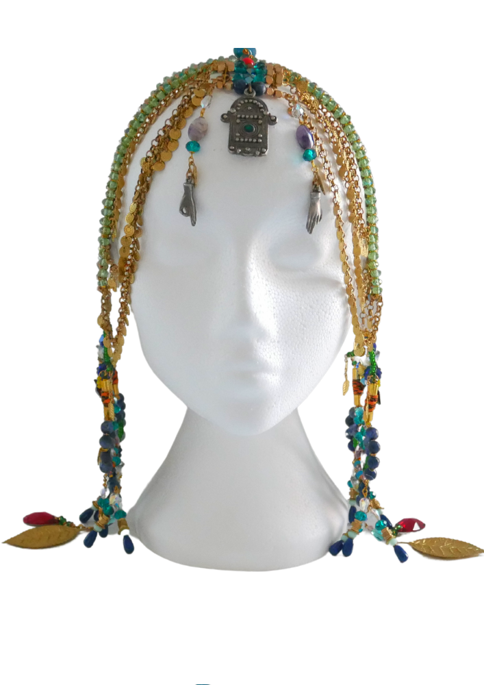 Emotan Multi-Beaded Swarovski Crystal and Gemstone Embellished Fringe Headpiece
