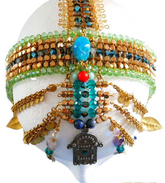 Emotan  Multi-Beaded Swarovski Crystal and Gemstone Embellished Fringe Headpiece