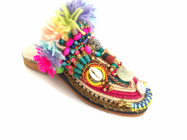 Ugochi Beaded Embellished Tassel Raffia And Leather Slippers