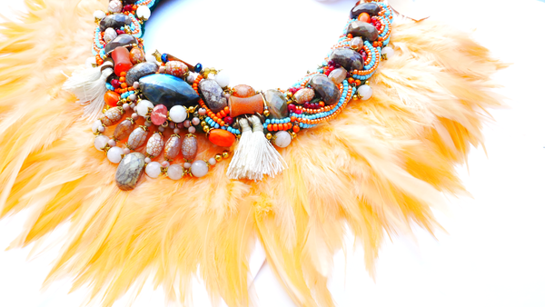 Eydis Multi-Beaded Jasper Labradorite and Agate Embellished Feather Collar Necklace