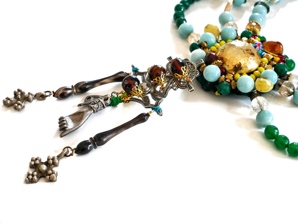 Eyne Multi-Strand Embellished Gemstone And Swarovski Crystals Statement Necklace