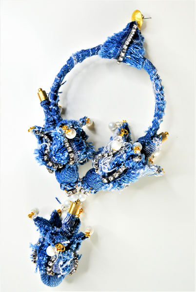 Ezihe Rhinestone And Denim Tulip Bud Hoop Drop Earrings