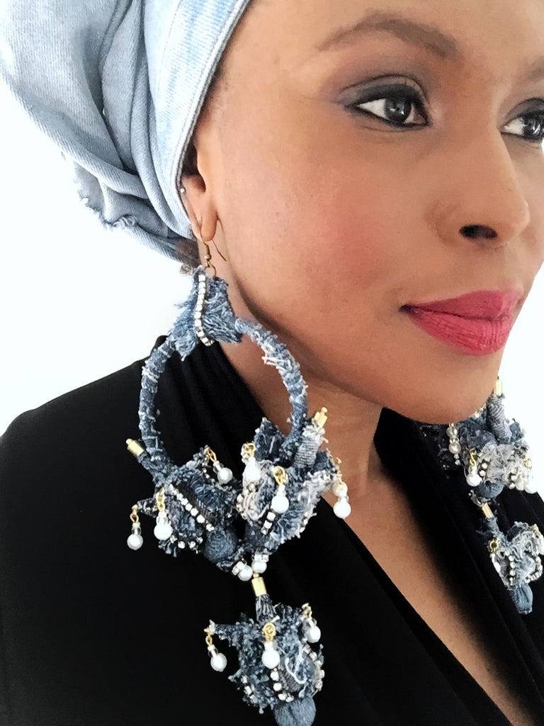 Ezihe Rhinestone And Denim Tulip Bud Hoop Drop Earrings