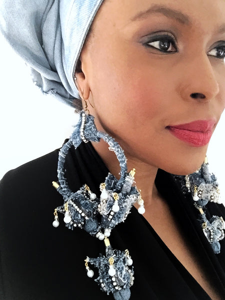 Ezihe Rhinestone And Denim Tulip Bud Hoop Drop Earrings