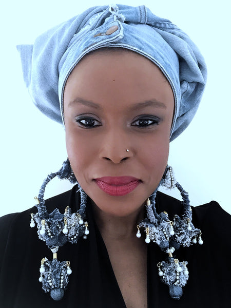 Ezihe Rhinestone And Denim Tulip Bud Hoop Drop Earrings
