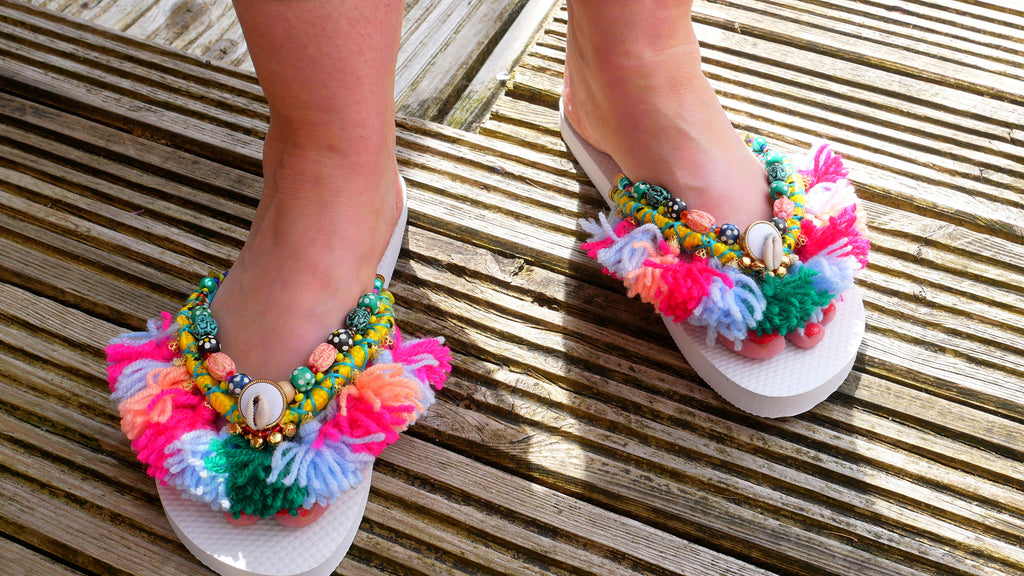 Embellished beaded tassel flip-flops