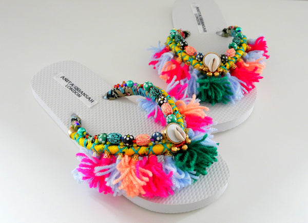Embellished beaded tassel flip-flops