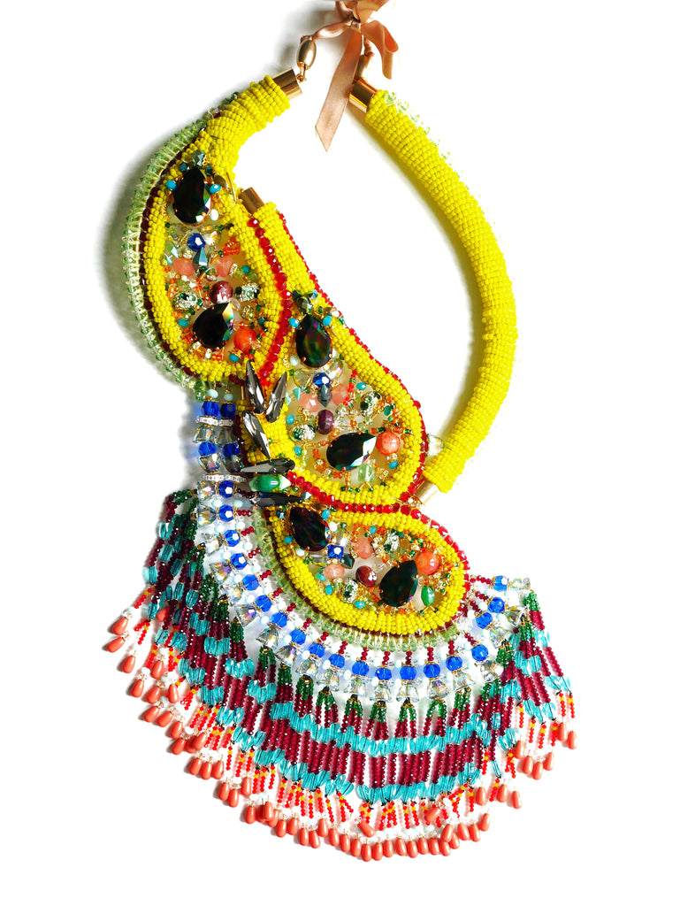 The Big Swarovski Crystal and Multi-Beaded Embellished Paisley Tassel Bib Necklace