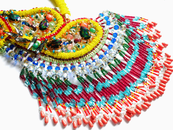 The Big Swarovski Crystal and Multi-Beaded Embellished Paisley Tassel Bib Necklace 