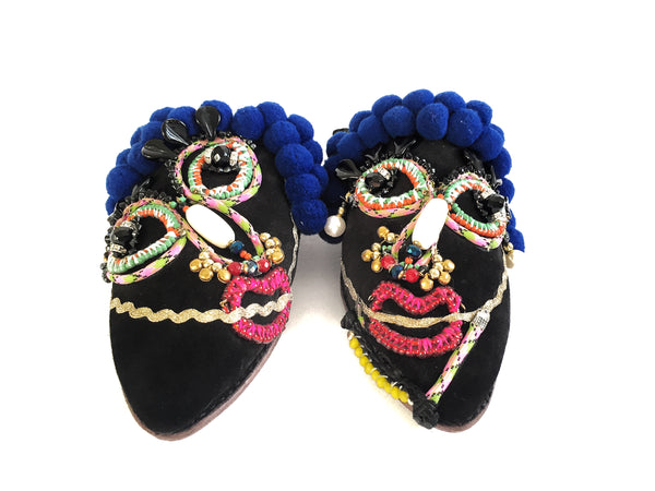 Gia Chatting Ladies Embellished Beaded and Pom-pom Leather and Suede Slippers