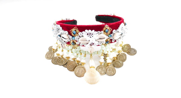 Hedone Beaded-Embellished Shell Velvet Headband by Anita Quansah London