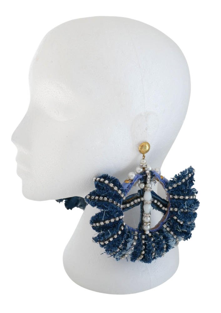 IFUNANYA DISTRESSED CRYSTAL-EMBELLISHED  DENIM PEACE EARRINGS
