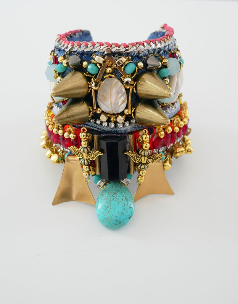 IIaria Multi- Beaded, Mother of Pearl, Turquoise, Amethyst, Denim Wide Cuff Bracelet by Anita Quansah London