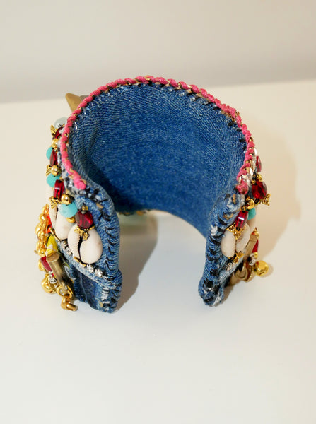 IIaria Multi- Beaded, Mother of Pearl, Turquoise, Amethyst, Denim Wide Cuff Bracelet by Anita Quansah London
