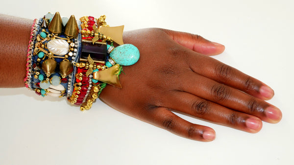 IIaria Multi- Beaded, Mother of Pearl, Turquoise, Amethyst, Denim Wide Cuff Bracelet by Anita Quansah London