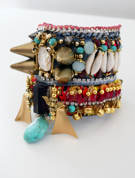 IIaria Multi- Beaded, Mother of Pearl, Turquoise, Amethyst, Denim Wide Cuff Bracelet by Anita Quansah London