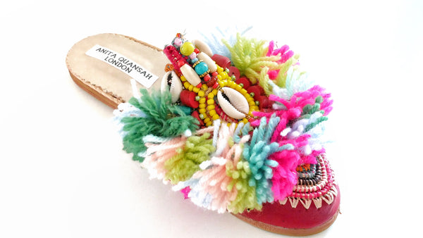 Zaylee Embellished Leather And Raffia Tassel Slippers