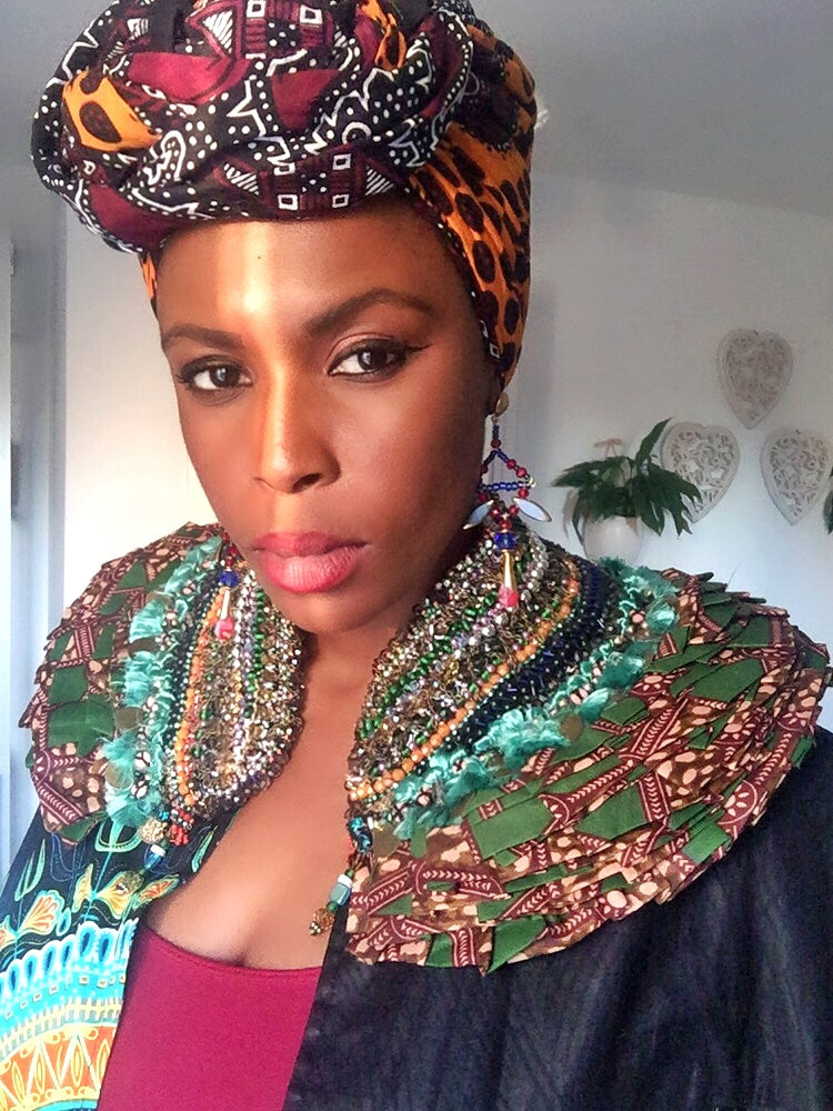 Tatum Bead-Embellished African Textile Print Ruffle Beaded Neckpiece