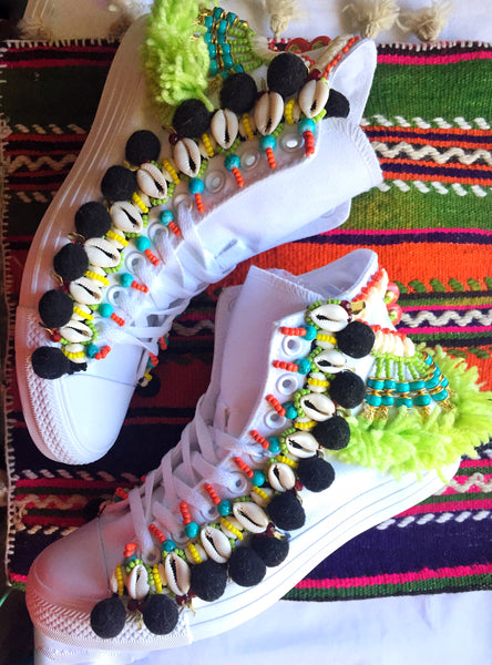 Odell Beaded Embellished Custom High Top Converse Chuck Taylor Sneakers – Handmade African-Inspired Wearable Art