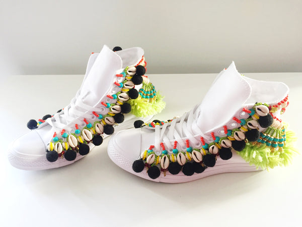 Odell Beaded Embellished Custom High Top Converse Chuck Taylor Sneakers – Handmade African-Inspired Wearable Art