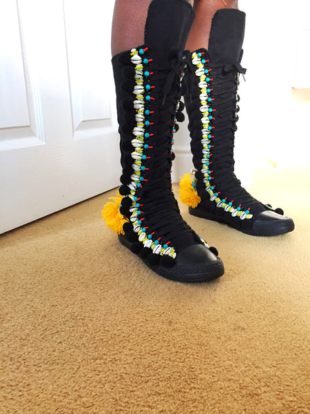 Rahele Beaded Shell Tassel And Pom-Pom Trimmed Canvas Knee Boots